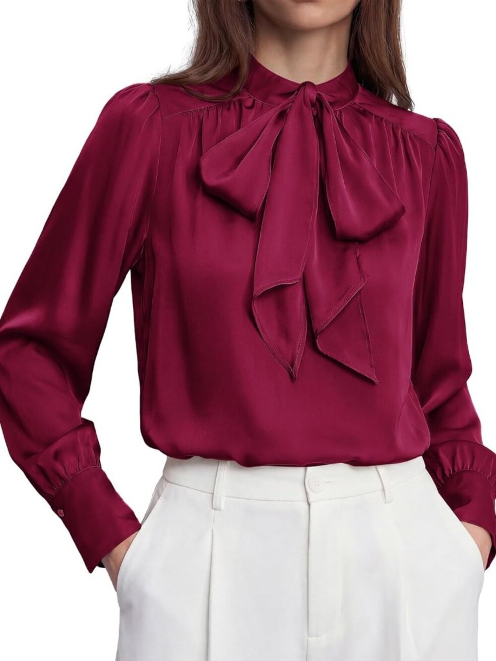 Elegant Satin Blouse with Bow Tie | Ruched Cuff Long Sleeve Top for Work